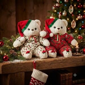 Vintage 1989 Cuddle Wit Christmas Teddy Bear Pair Waiting for Santa Plush Tags
